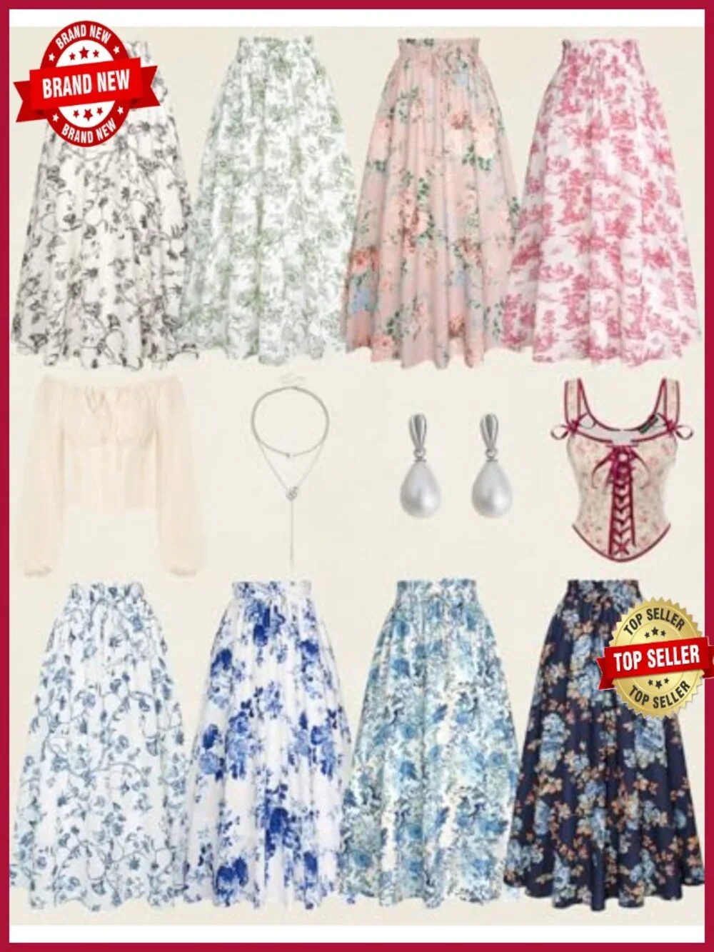 Victorian Floral Maxi Skirt with Pockets Lightweight